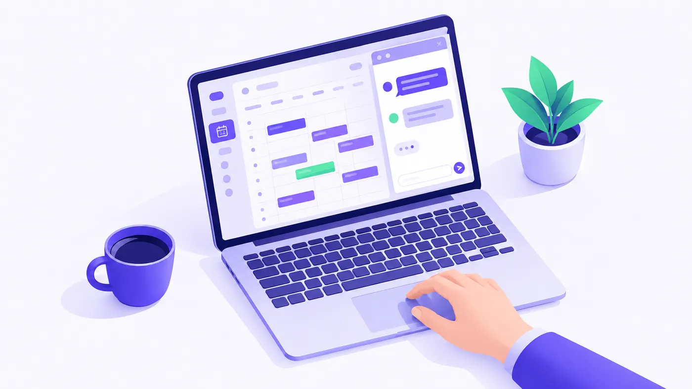 Ноутбук с журналом записи YCLIENTS и открытой боковой панелью чата с клиентом